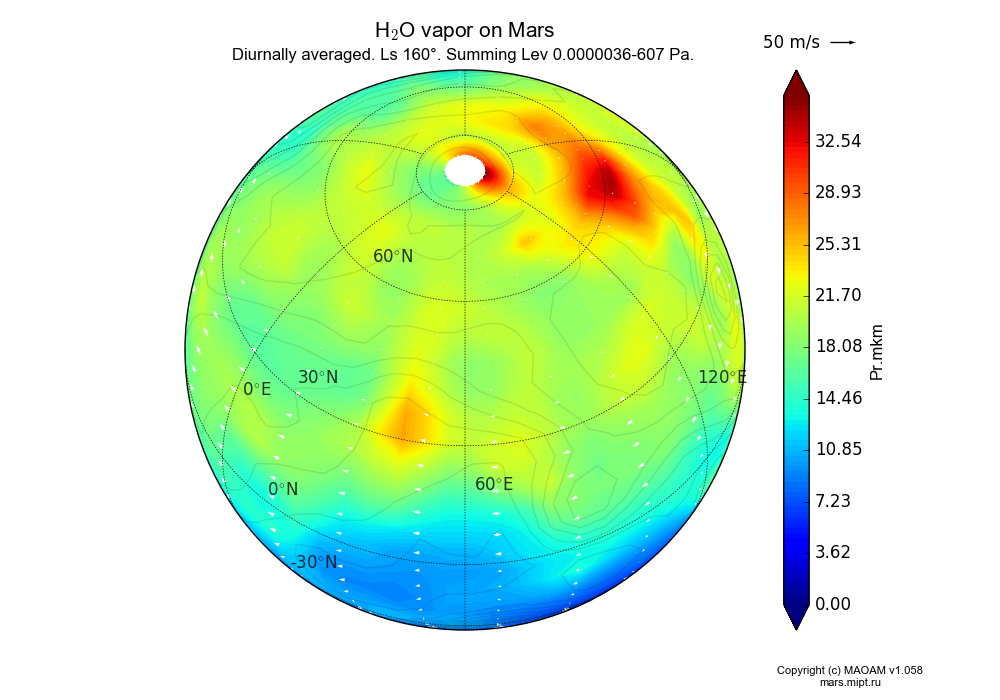 Water vapor on Mars dependence from Longitude -180-180° and Latitude -90-90° in Spherical stereographic projection with Diurnally averaged, Ls 160°, Summing Height 0.0000036-607 Pa. In version 1.058: Limited height with water cycle, weak diffusion and dust bimodal distribution.