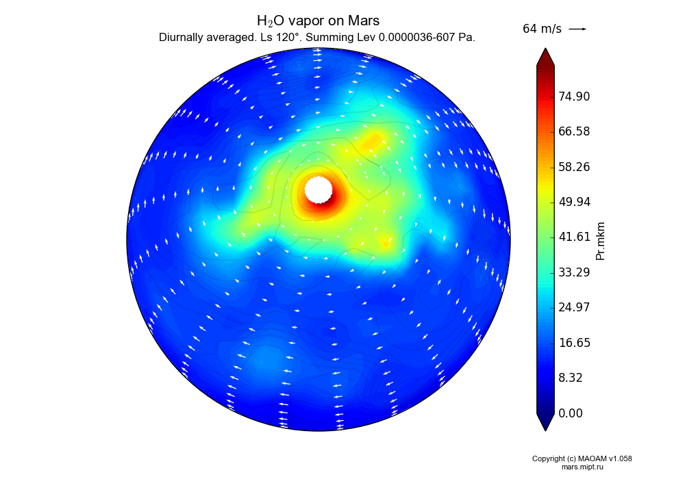 Water vapor on Mars dependence from Longitude -180-180° and Latitude -90-90° in Spherical stereographic projection with Diurnally averaged, Ls 120°, Summing Height 0.0000036-607 Pa. In version 1.058: Limited height with water cycle, weak diffusion and dust bimodal distribution.