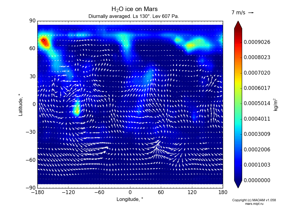 Water ice on Mars dependence from Longitude -180-180° and Latitude -90-90° in Equirectangular (default) projection with Diurnally averaged, Ls 130°, Height 607 Pa. In version 1.058: Limited height with water cycle, weak diffusion and dust bimodal distribution.