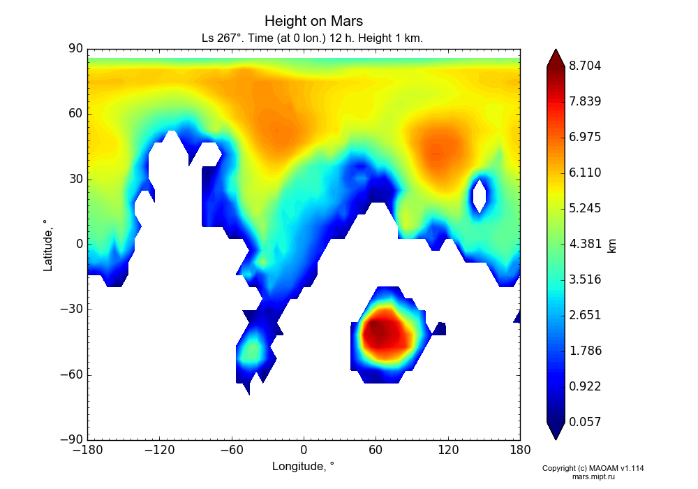Height on Mars dependence from Longitude -180-180° and Latitude -90-90° in Equirectangular (default) projection with Ls 267°, Time (at 0 lon.) 12 h, Height 1 km. In version 1.114: Martian year 34 dust storm (Ls 185 - 267).