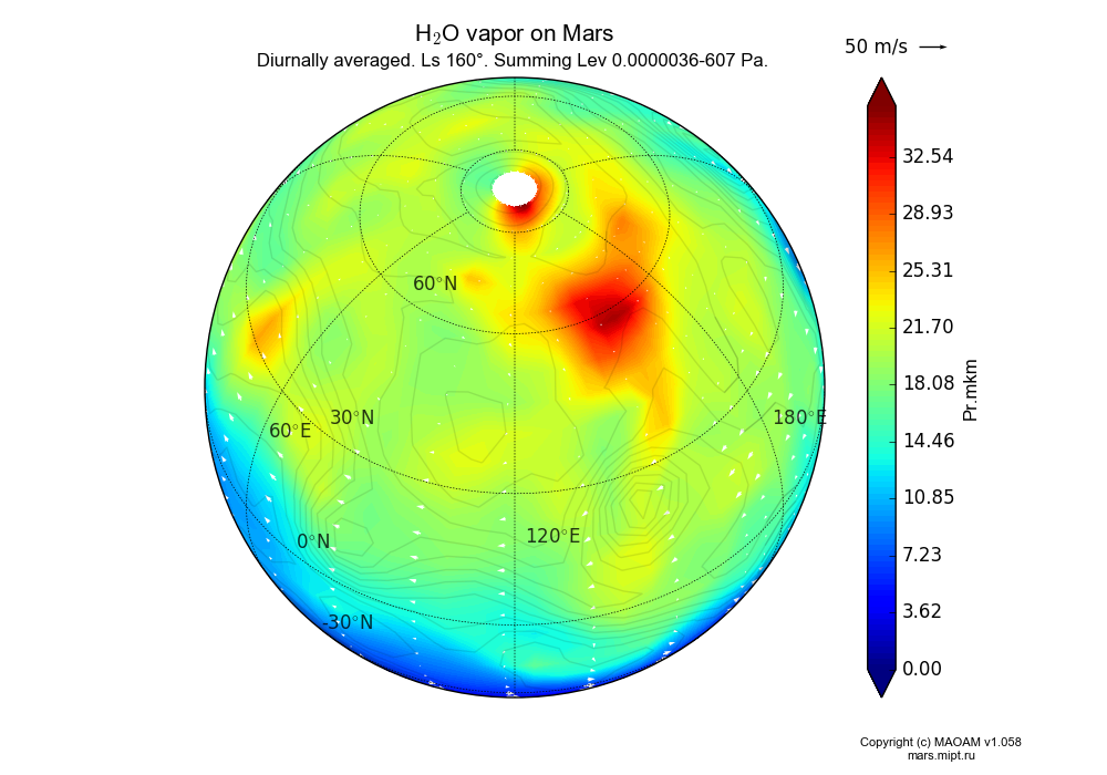 Water vapor on Mars dependence from Longitude -180-180° and Latitude -90-90° in Spherical stereographic projection with Diurnally averaged, Ls 160°, Summing Lev 0.0000036-607 Pa. In version 1.058: Limited height with water cycle, weak diffusion and dust bimodal distribution.