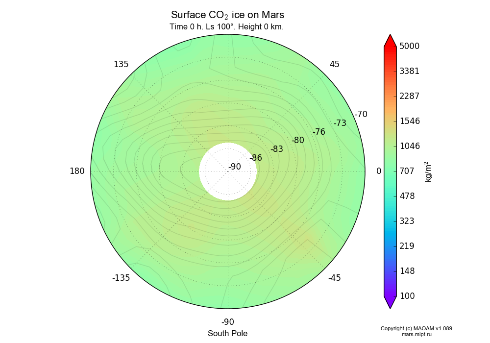 Surface CO2 ice on Mars dependence from Longitude -180-180° and Latitude -90--70° in South polar stereographic projection with Time 0 h, Ls 100°, Height 0 km. In version 1.089: Water cycle WITH molecular diffusion, CO2 cycle, dust bimodal distribution and GW.