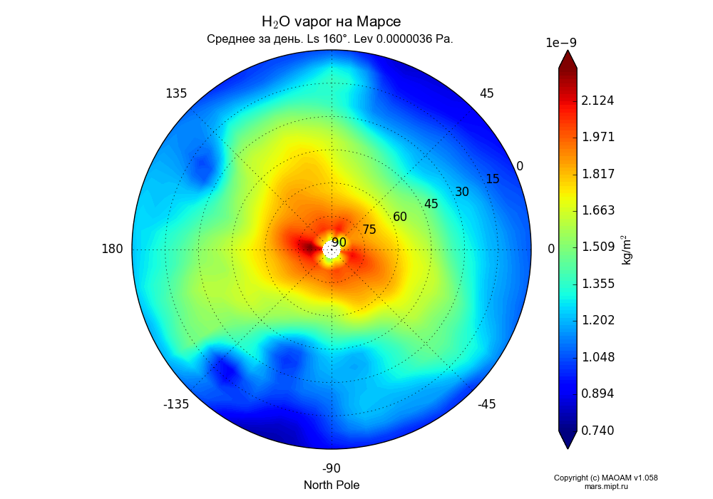 Water vapor on Mars dependence from Longitude -180-180° and Latitude 0-90° in North polar stereographic projection with Diurnally averaged, Ls 160°, Height 0.0000036 Pa. In version 1.058: Limited height with water cycle, weak diffusion and dust bimodal distribution.