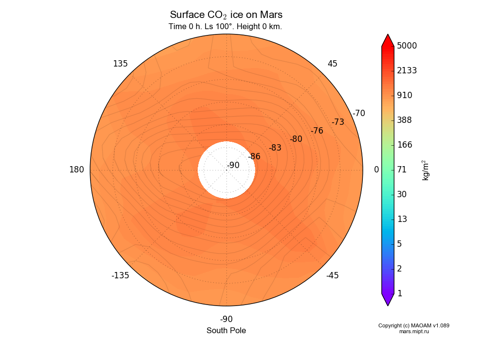 Surface CO2 ice on Mars dependence from Longitude -180-180° and Latitude -90--70° in South polar stereographic projection with Time 0 h, Ls 100°, Height 0 km. In version 1.089: Water cycle WITH molecular diffusion, CO2 cycle, dust bimodal distribution and GW.