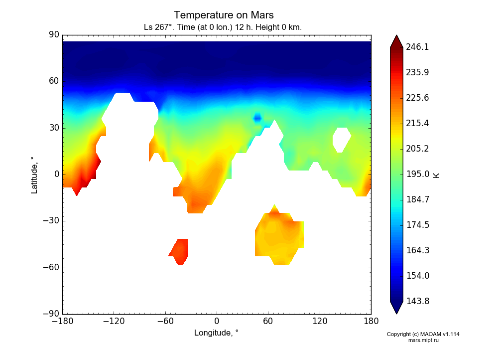 Temperature on Mars dependence from Longitude -180-180° and Latitude -90-90° in Equirectangular (default) projection with Ls 267°, Time (at 0 lon.) 12 h, Height 0 km. In version 1.114: Martian year 34 dust storm (Ls 185 - 267).